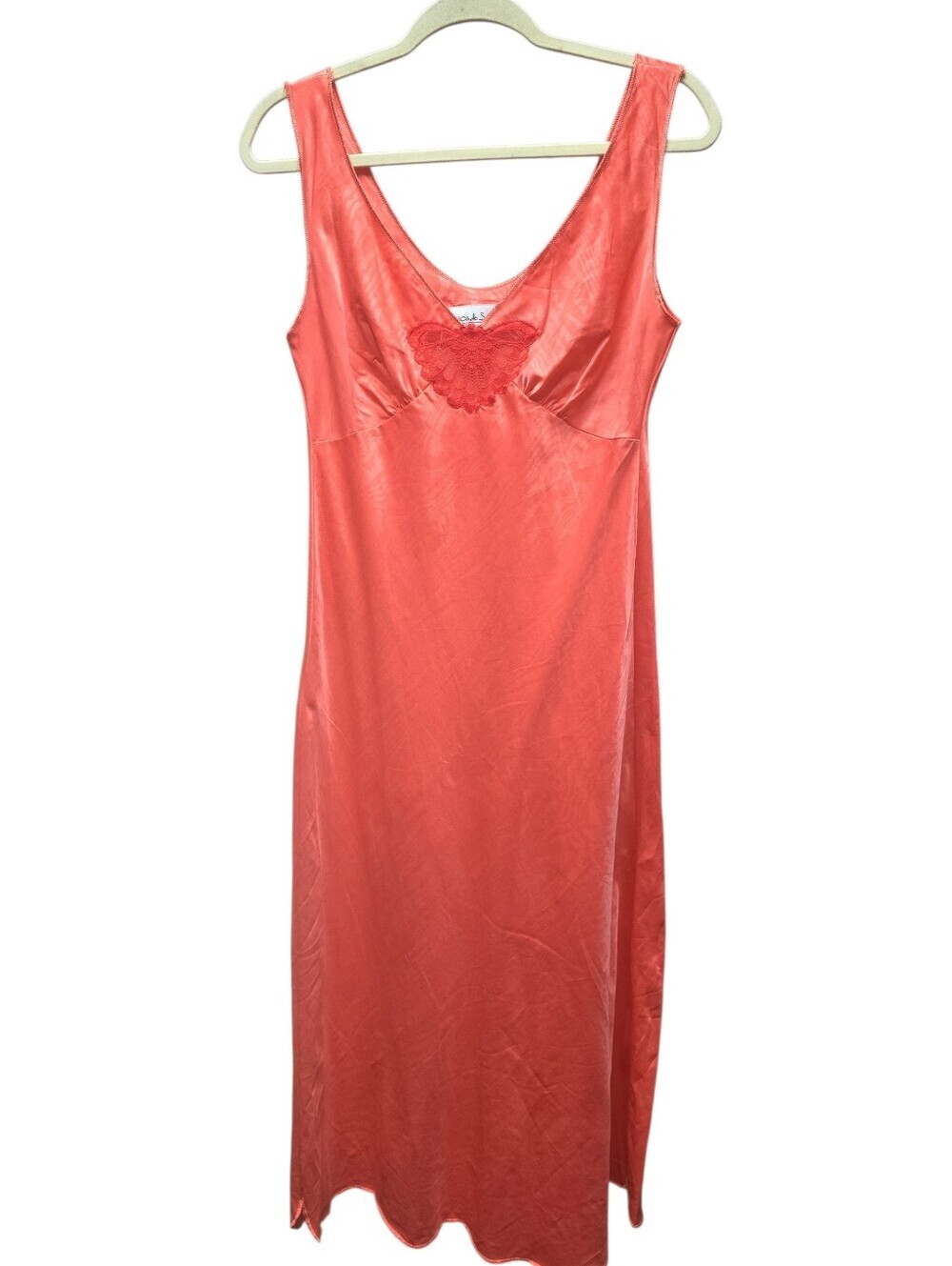Fernando Sanchez Coral Slip/Nightgown Dress Butterfly Lace Accent Sz. Med Vntge
